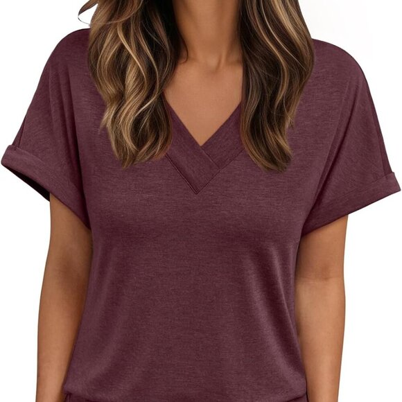 Women's Short Sleeve V Neck Casual T-Shirt in Winered - Large - Picture 1 of 5